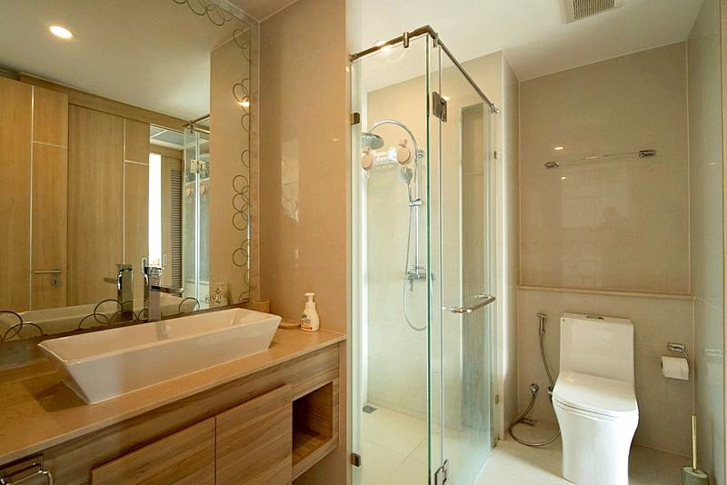 Modern bathroom with a wooden vanity, rectangular sink, large mirror, glass shower enclosure, and a toilet at the end of the room.