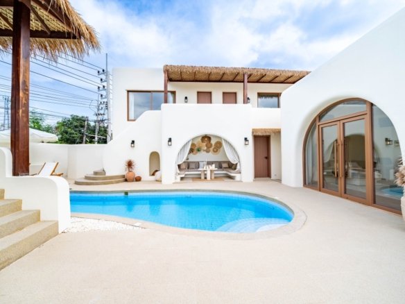 White washed villa courtyard with a curved blue pool and a shaded seating alcove under a thatched canopy