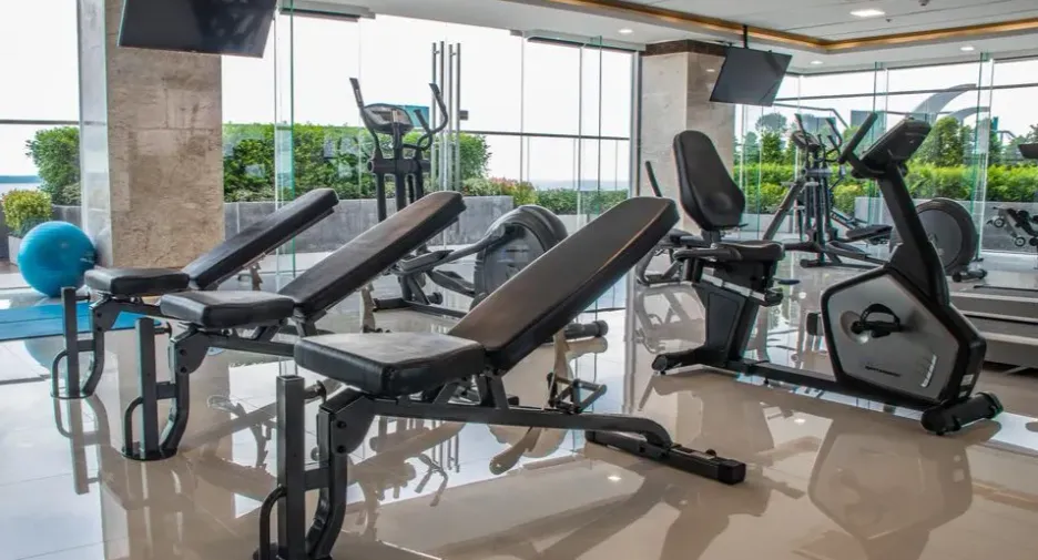 Bright gym with adjustable benches, a stationary bike, treadmill, and a blue exercise ball near glass walls.