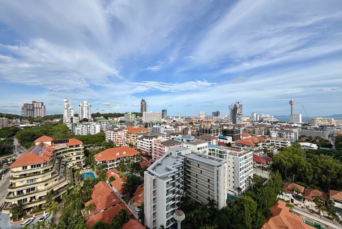 City skyline with many mid-rise buildings and red-tiled roofs under a blue, cloudy sky. For a coastal city view.