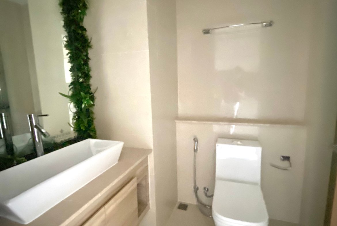 Modern bathroom with a white rectangular sink atop a wooden vanity and a wall mirror; greenery runs along the wall behind the sink.