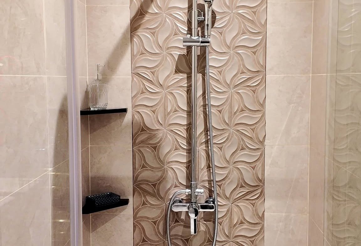 Shower area with a round rainfall showerhead and a handheld spray on chrome fixtures, set against a brown patterned tile stripe.