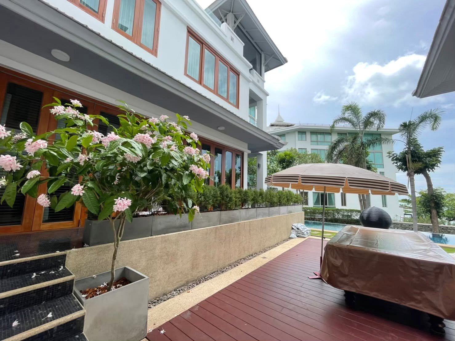 Villa patio with pink flowering shrub in a planter, wooden steps, and a raised garden bed alongside large windows.