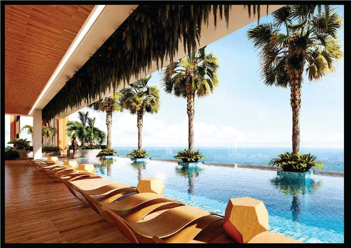 b80ad8ce-64cb-4047-9a7a-c87a39258f3b Luxurious outdoor hotel pool area with a wooden deck, curved tan lounge chairs, palm trees, and an ocean view.