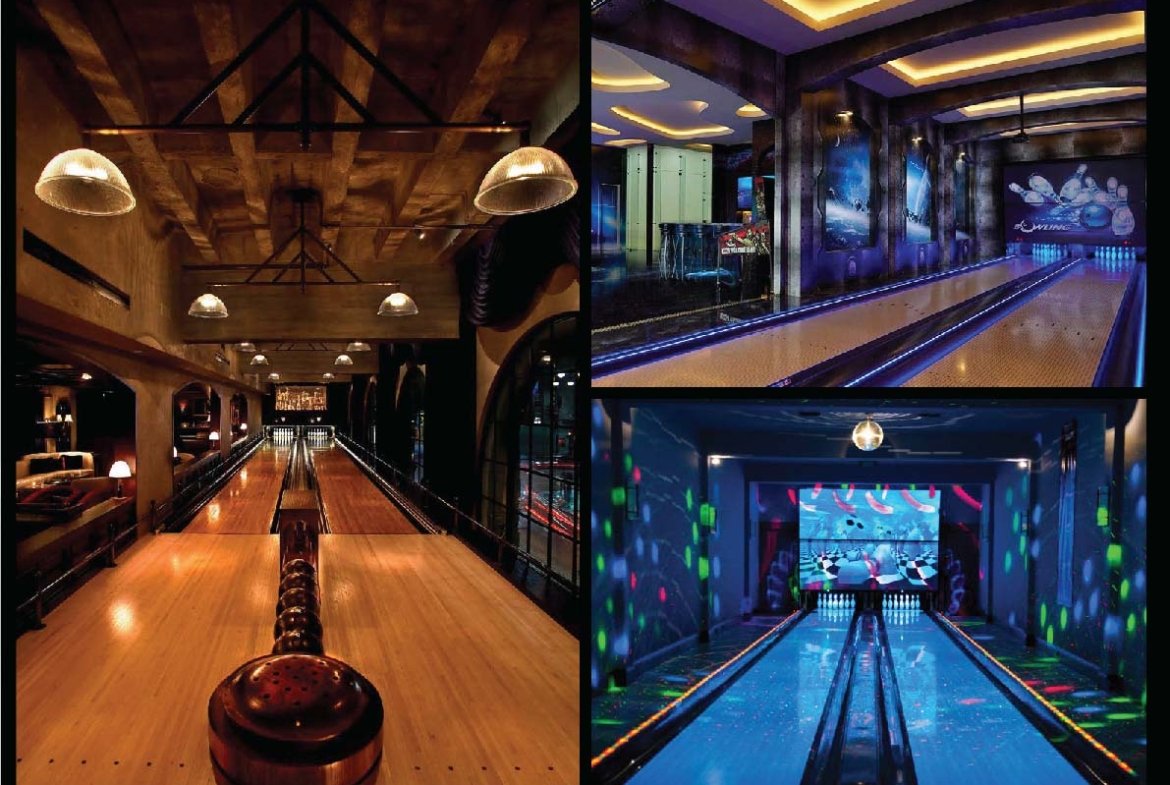 Collage of three bowling lanes: rustic bar-style lane, neon-lit modern lane, and neon arcade-like alley with a digital screen.