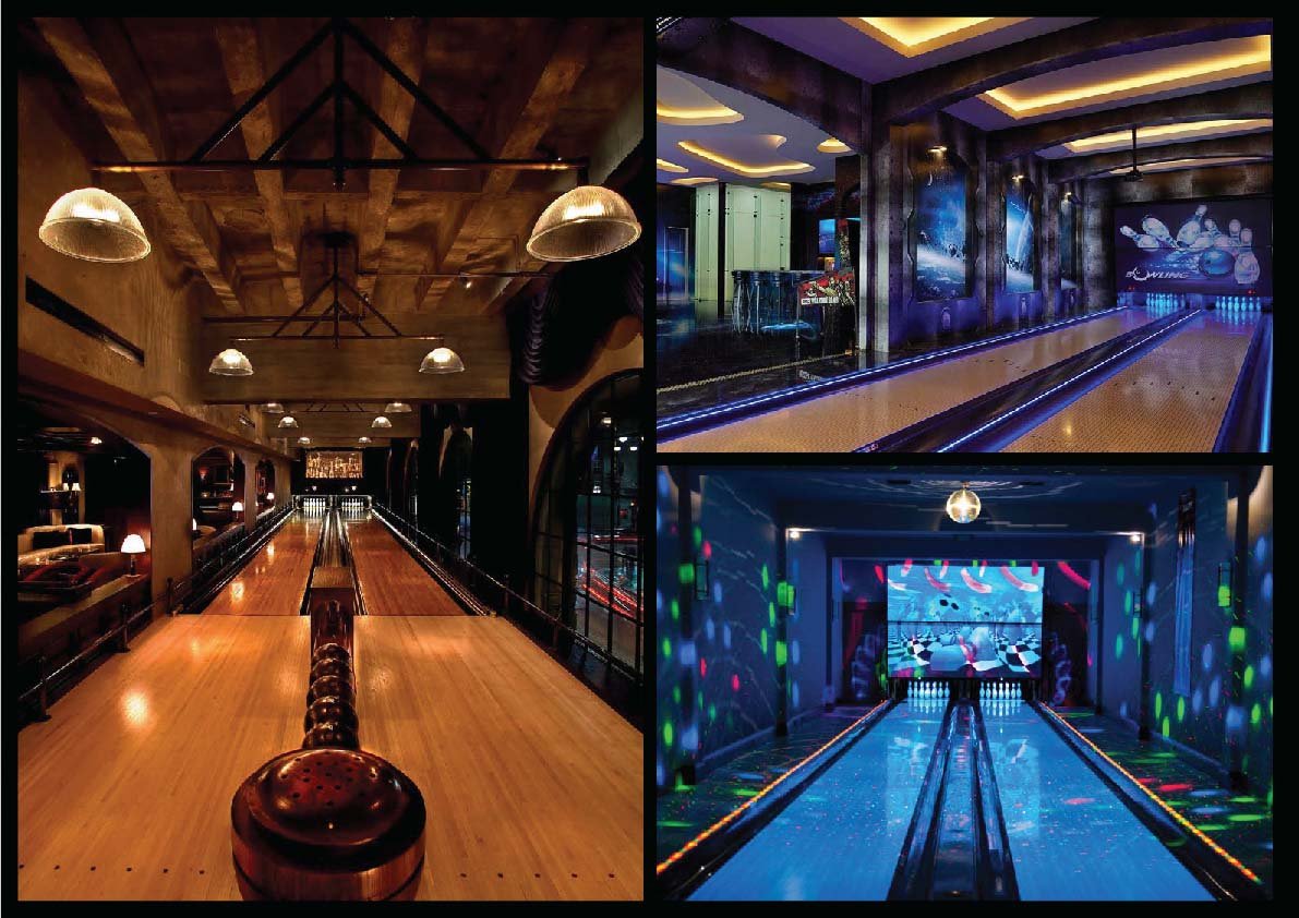 bc68ea13-a278-4685-b097-a6b984dfc675 Collage of three bowling lanes: rustic bar-style lane, neon-lit modern lane, and neon arcade-like alley with a digital screen.
