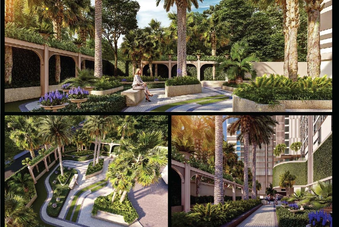 Collage of tropical courtyard with palm trees, curved walkways, benches, and planters in an airy garden.