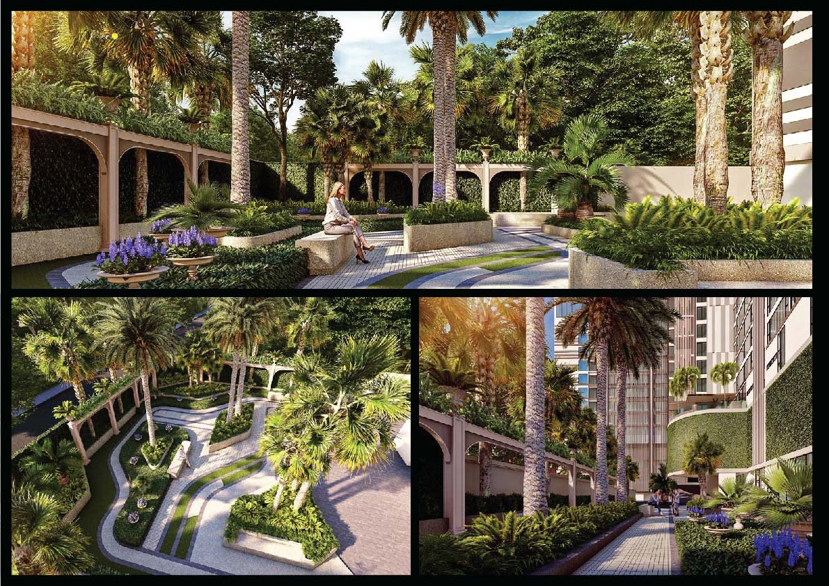 bf3e4c12-b2f3-4a1e-8fa6-2c425a8cbd92 Collage of tropical courtyard with palm trees, curved walkways, benches, and planters in an airy garden.