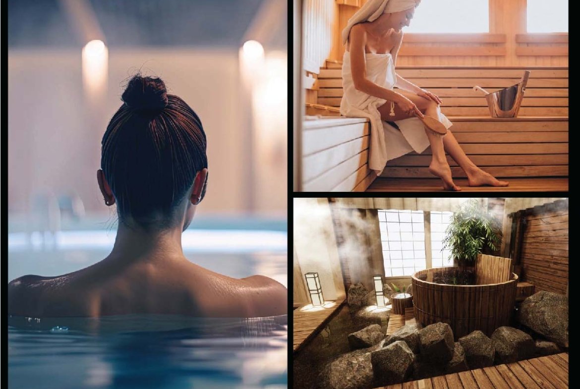 Back view of a person soaking in a spa, shoulders wet with hair in a bun, seen from behind (pool scene).