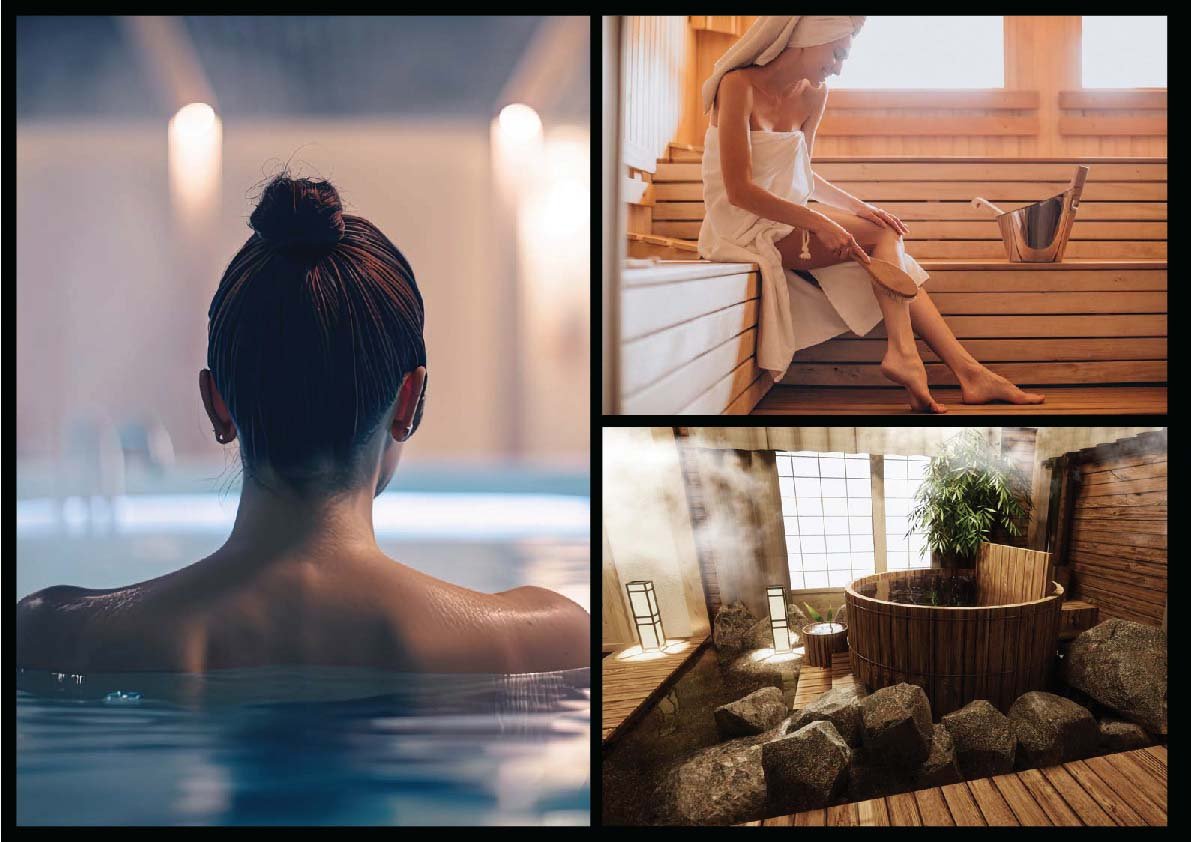 e5484443-6475-4dfc-a8ce-34c50561bb37 Back view of a person soaking in a spa, shoulders wet with hair in a bun, seen from behind (pool scene).","Person wrapped in a towel sits on a wooden sauna bench, footbath bucket nearby.","Indoor wooden hot tub area with rocks, steam, and a bamboo plant in the background."